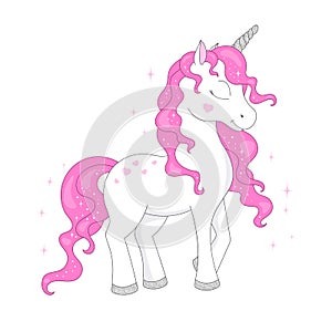 Beautiful glitter unicorn drawing for t-shirts. Design for kids. Fashion illustration drawing in modern style for clothes. Girlish