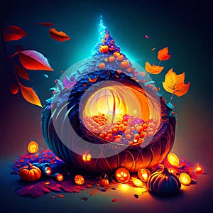 Beautiful glowing diwali diya on dark background with autumn leaves Generative AI