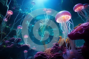 Beautiful glowing pink jellyfish in the ocean swim among the coral reef under water. Dangerous jellyfish with long