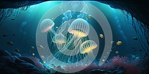 Beautiful glowing sea jellyfishes, fantasy artwork. Generative AI