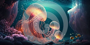 Beautiful glowing sea jellyfishes, fantasy artwork. Generative AI