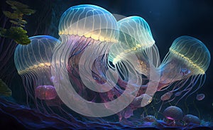 Beautiful glowing sea jellyfishes, fantasy artwork. Generative AI