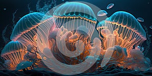 Beautiful glowing sea jellyfishes, fantasy artwork. Generative AI