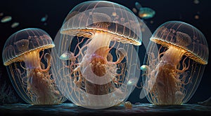 Beautiful glowing sea jellyfishes, fantasy artwork. Generative AI