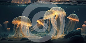 Beautiful glowing sea jellyfishes, fantasy artwork. Generative AI
