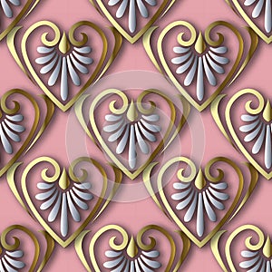 Beautiful gold 3d love hearts seamless pattern. Vector ornamental pink background. Luxury repeat Deco backdrop. Surface greek