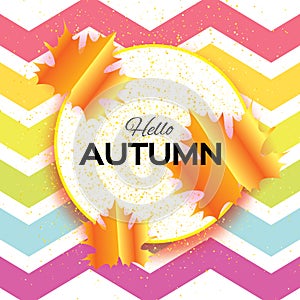 Beautiful Gold Autumn paper cut leaves. Hello Autumn. September flyer template. Circle frame. Space for text. Origami