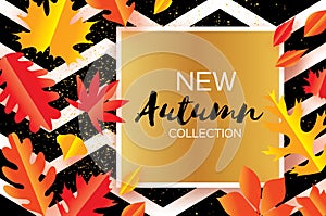 Beautiful Gold Autumn paper cut leaves. Hello Autumn. September flyer template. Square frame. Space for text. Origami