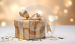 A beautiful gold Christmas present on a solid color background - festive glitter and ribbons design