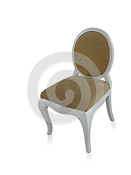 Beautiful gold fabric on white wood chair on white background, furniture, object, copy space