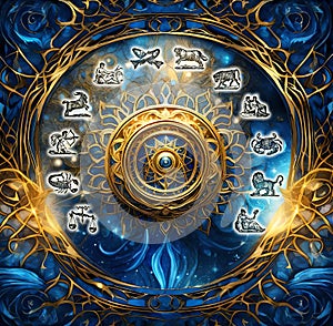 Beautiful gold frame with all signs of horoscope and magic symbol in center