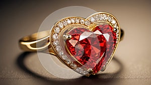 Beautiful gold ring with a red diamond in the shape of a heart banner