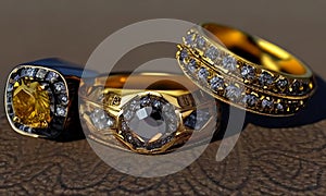 Beautiful gold rings with precious stones. Jewelry with diamonds and amber stones. Generated AI.