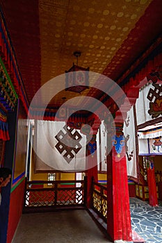 Beautiful gold-roofed red-lacquered Tibetan Buddhist monastery in Tibet