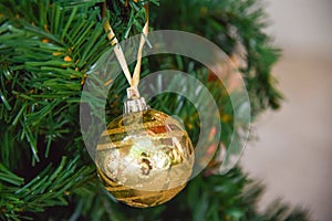 Beautiful golden ball decoration toy on the artificial Christmas tree