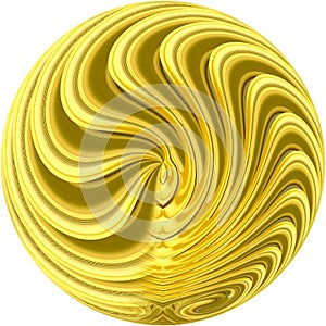 A beautiful golden ball with sinuous textures on a white background. 3D isolated image of liquid gold