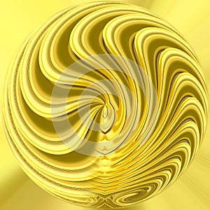 A beautiful golden ball with sinuous textures on a yellow background. 3D image of liquid gold