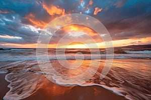 beautiful golden beach sunset with colorful sky and stormy clouds