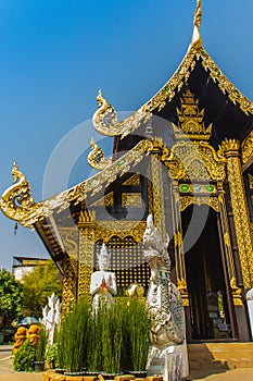 Beautiful golden Buddhist church in Lanna style architecture at Wat Inthakin Sadue Muang, Chiang Mai, Thailand. Wat Inthakin is th