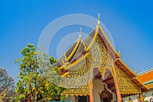 Beautiful golden buddhist church in Lanna-style ordination hall enshrines at Wat Chiang Man or Wat Chiang Mun, the oldest temple i