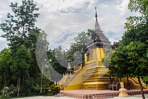 Beautiful golden Buddhist pagoda at Wat Phra That Doi Prabat (Wat Doi Phra Baht). Doi Phrabat Temple is the location of important