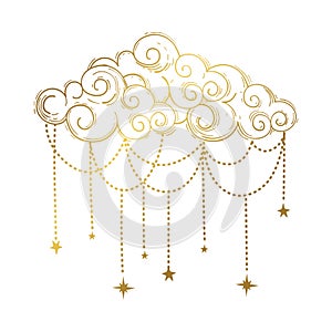 Beautiful golden cloud in bohemian style, linear hand drawn illustration. Vector boho tattoo, cloud with jewels and stars isolated