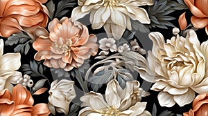 Beautiful Golden Cream Peach Pale Gray Soft Yellow Gilding Flowers Seamless Tile. Generative AI
