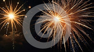 Bright golden fireworks exploding against a dark night sky