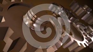 Beautiful golden gears rotation. Beautiful looped 3d animation of gears working process.