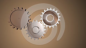 Beautiful golden gears rotation. Beautiful looped 3d animation of gears working process.