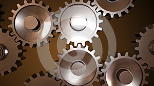 Beautiful golden gears rotation. Beautiful looped 3d animation of gears working process.
