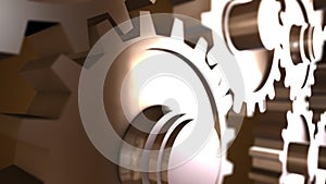 Beautiful golden gears rotation. Beautiful looped 3d animation of gears working process.