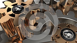 Beautiful Golden Gears Wall Front View Seamless Rotation. 3d Animation. Abstract Working Process. Teamwork Business and