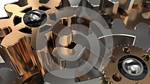 Beautiful Golden Gears Wall Front View Seamless Rotation. 3d Animation. Abstract Working Process. Teamwork Business and