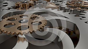 Beautiful Golden Gears Wall Front View Seamless Rotation. 3d Animation. Abstract Working Process. Teamwork Business and