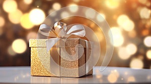 Beautiful golden gift box on the light table against blurred festive lights bokeh background