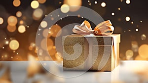 Beautiful golden gift box on the light table against blurred festive lights bokeh background