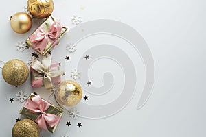 Beautiful golden gifts gloden baubles on white. Christmas, party, birthday background. Celebrate shinny surprise boxes copy space