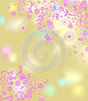 Beautiful golden greeting wedding card with floral decorative light violet pattern and lovely birds