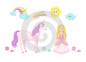 Beautiful golden-haired princess in pink dress, unicorn, smiling cloud, rainbow, star, sun and flowers isolated on white backgroun
