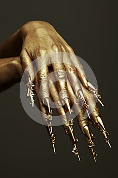 Beautiful golden hands with golden long arty nails. Close up. Studio shot