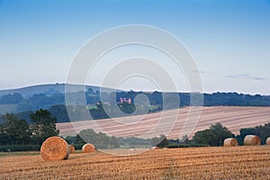 Beautiful golden hour hay bales sunset landscape