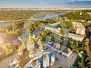 Beautiful Golden Kiev Ukraine St. Michael`s Golden-Domed Monastery. View from above. aerial photo. Landscape city view photo