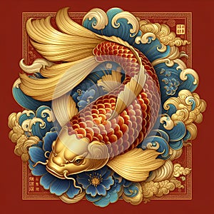 A beautiful golden koi fish in a painting, with chinese ancient style, red, blue and gold colors, top down view, wallart design