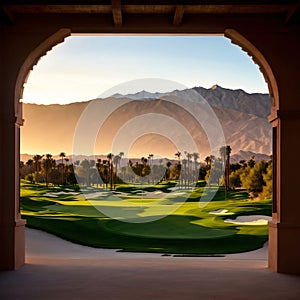 Beautiful golden light over Indian Wells Golf Resort, a desert golf course in Palm Springs, California, USA