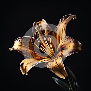 Beautiful golden lily flower isolated on black background close-up, gorgeous floral background,