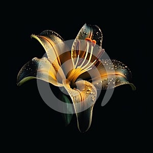 Beautiful golden lily flower isolated on black background close-up, gorgeous floral background,