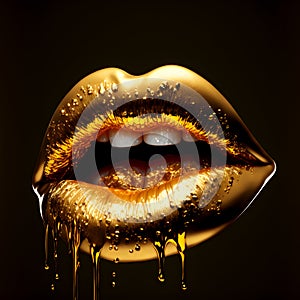 Beautiful golden lips, gold colored lipstick. Perfect lips close-up on a dark background, gold liquid drops. 3d illustration