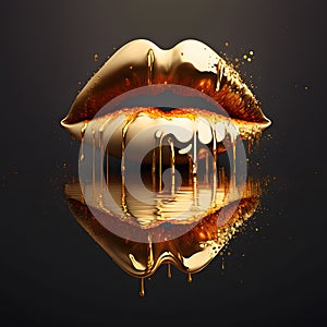 Beautiful golden lips, gold colored lipstick. Perfect lips close-up on a dark background, gold liquid drops. 3d illustration