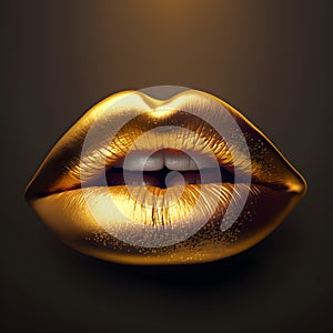 Beautiful golden lips, gold colored lipstick. Perfect lips close-up on a dark background, gold liquid drops. 3d illustration